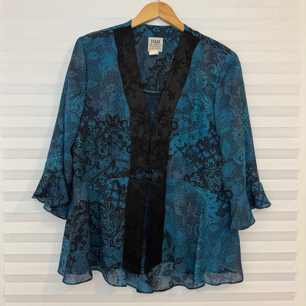 R&M Richards KarenKwong Teal Black Lace Sequin Peplum Jacket Top Vintage Glam 14